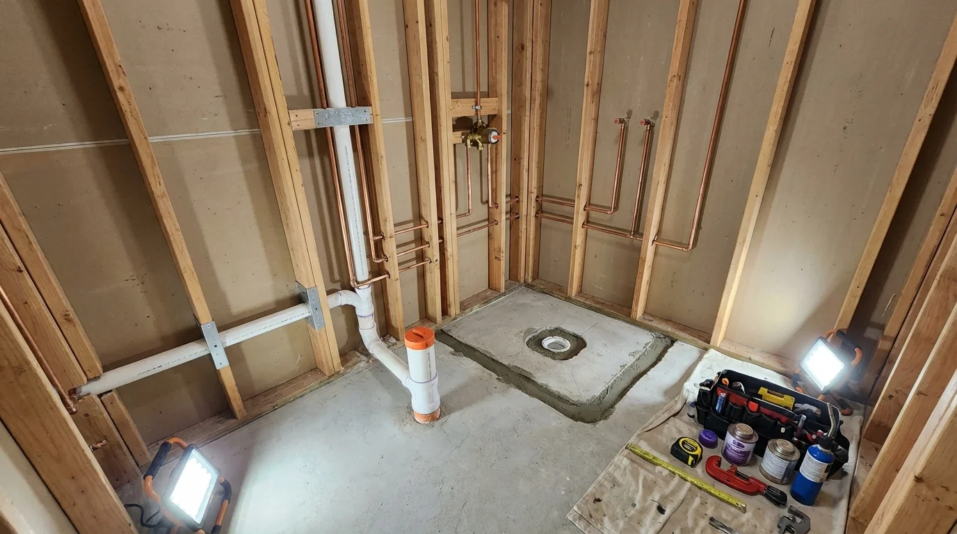 Bathroom rough-in plumbing during remodel by Johns Plumbing LLC in Dunn Loring