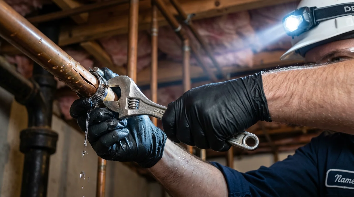 Emergency pipe clamp repair being performed by a Johns Plumbing LLC plumber in Dunn Loring