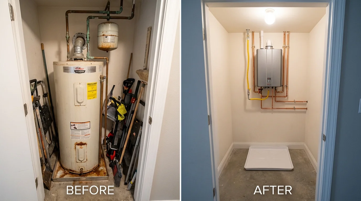 Tank water heater versus wall-mounted tankless unit comparison for Dunn Loring, VA homeowners